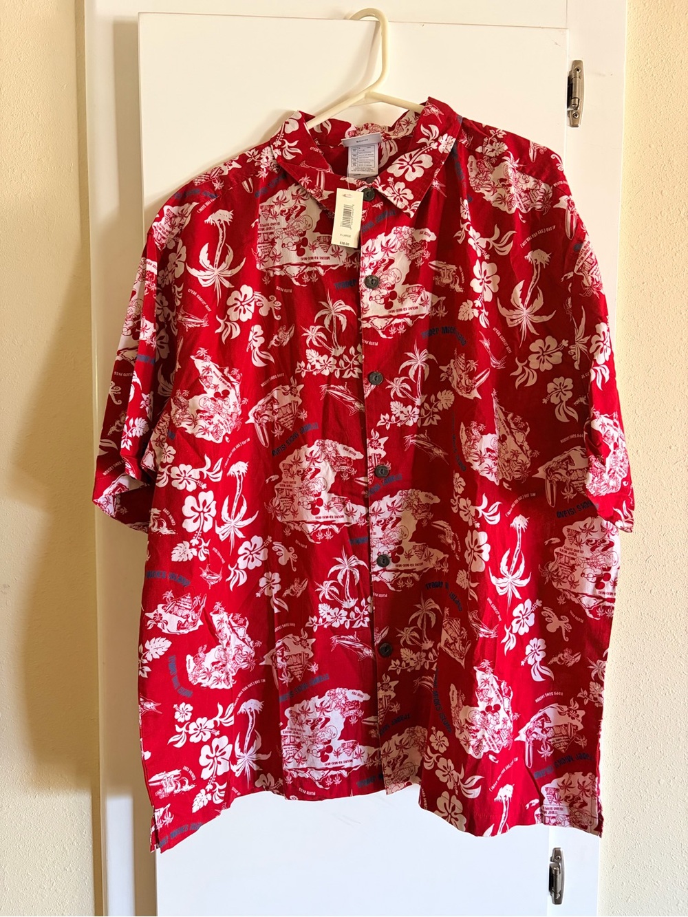 Disney Red Hawaiian Button-Down Shirt with White Print XL